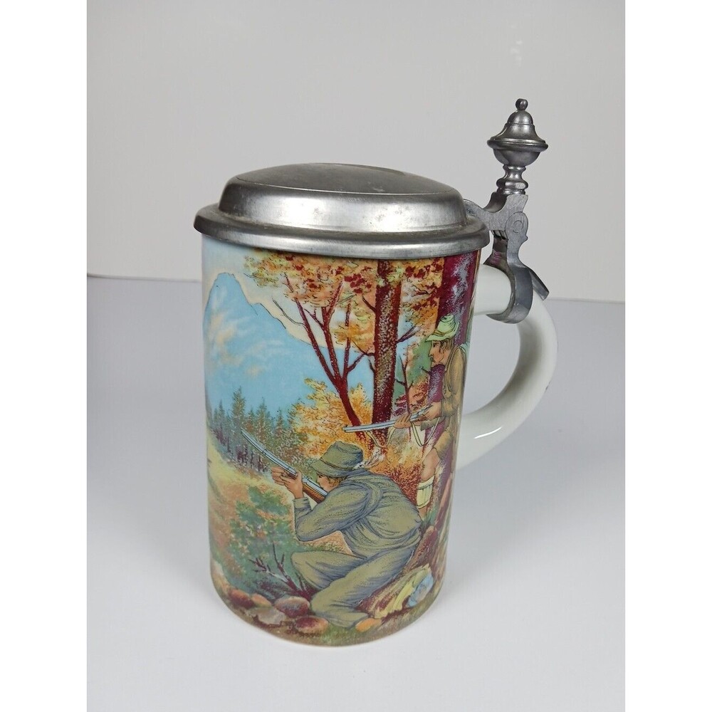 VTG Schrobenhausen German Beer Stein with Zinn Pewter Hinged Lid Hunting Scene
